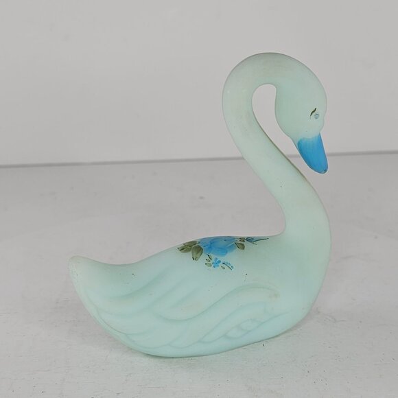 Fenton Satin Blue Glass Swan Blue Roses Satin Hand Painted Signed - Picture 4 of 8